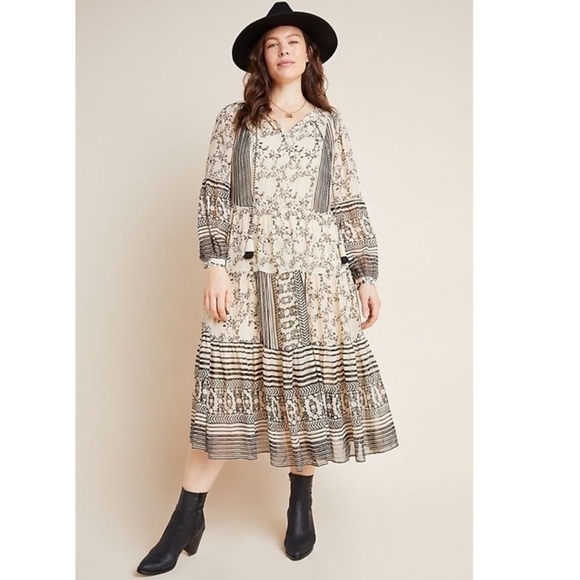 Anthropologie Cream Talulah Tiered long sleeve midi dress bohemian v neck small - Picture 1 of 13